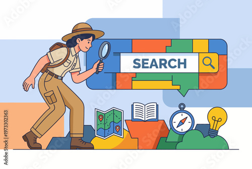 A well-equipped explorer uses a magnifying glass, showcasing the quest for knowledge as they engage with maps, books, and tools for discovery and learning.