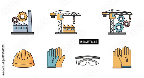 Industrial safety equipment and machinery icons.