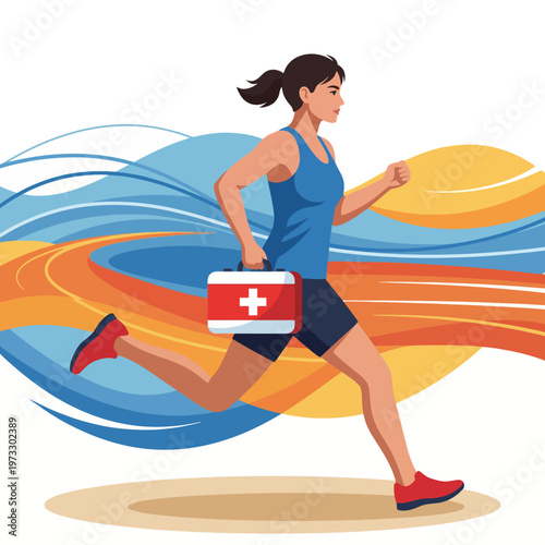 A woman runs energetically with a first aid kit, representing urgent medical response and the dedication to providing assistance in times of crisis and emergency situations.