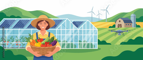 A vibrant digital illustration showing a woman smiling while carrying a basket of vegetables in a greenhouse, symbolizing sustainable farming and agricultural innovation.