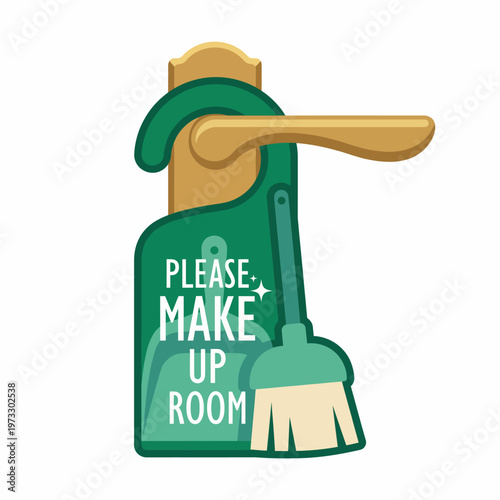 A colorful door hanger displaying a request for room cleaning, featuring a broom and text, is perfect for hotels or home cleaning reminders, creating a cheerful atmosphere.