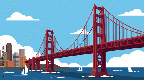 A vibrant illustration of the Golden Gate Bridge against a blue sky, complemented by sailboats and an urban skyline, capturing the essence of San Francisco's iconic architecture.
