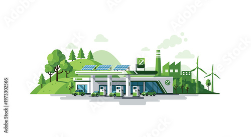 A sustainable green fuel station featuring rooftop solar panels is integrated into a lush hilly landscape with industrial factory structures in the hazy background light.