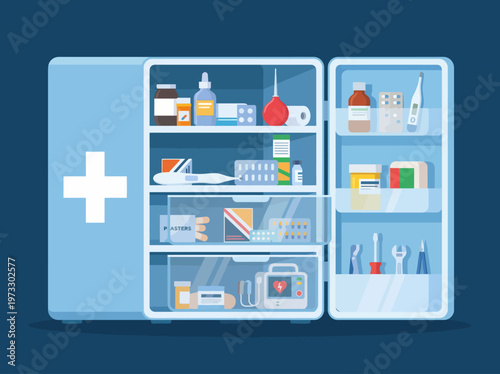 The image features an organized first aid refrigerator filled with medical supplies, symbolizing preparedness, health, and the importance of being equipped for emergencies.