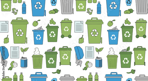 Recycling bins and waste management icons pattern, eco-friendly concept