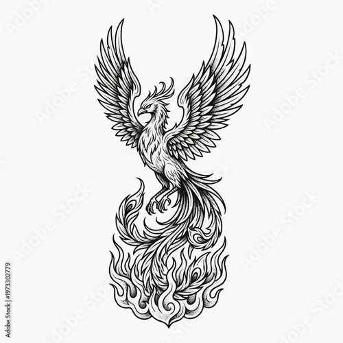Minimalist black and white phoenix illustration rising from flames in a traditional engraved line art style