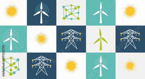 Renewable Energy Icons: Wind Turbines, Solar Power, Grid Network, Power Lines