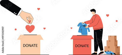 Charity Donation Concept Illustration Featuring Giving Hand, Donation Box, Volunteer Donating Clothes, Kindness, Support, and Humanitarian Aid Vector Set