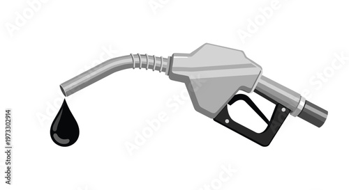 A meticulously detailed grey metallic fuel nozzle releases a single viscous black oil droplet against a stark and clean white background in this graphic.