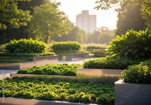 Lush green plants in metallic planters modern garden