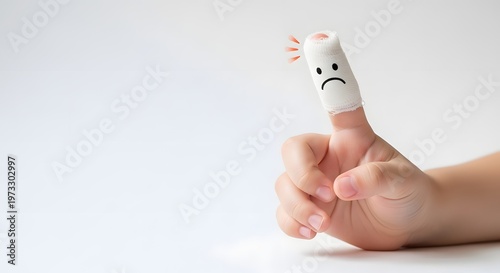 Injured finger bandage and pediatric wound care. Child healthcare and safety concept. Small hand with a bandaged index finger featuring a sad face drawing indicating pain