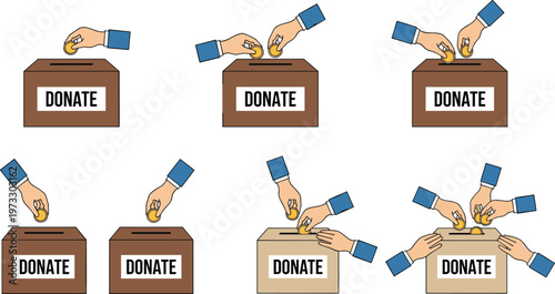 Donation Box Icon Set with Hands Giving Coins Featuring Charity Contribution, Fundraising Support, Nonprofit Aid, Generosity and Community Help Vector Collection