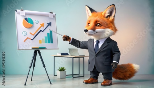 Fox Executive Presenting Growth Charts Business Strategy Financial Success  Market Analysis. Creative Concept for Corporate Planning  Development. Mascot for Innovation.