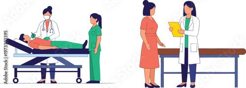 Medical Examination and Healthcare Consultation Illustration Set Featuring Doctor Checking Patient on Hospital Bed and Physician Discussing Diagnosis with Patient Vector Collection