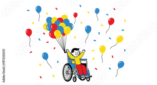 A joyful boy in a blue wheelchair celebrates a special occasion while holding a massive bunch of primary-colored balloons amidst a shower of festive confetti.