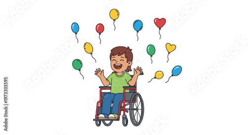 A cheerful boy sitting in a red wheelchair laughs with delight as multiple colorful balloons of various shapes float upwards against a clean white background.