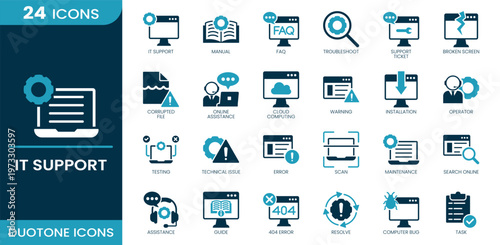 IT support icon set. Technical support, troubleshooting system, helpdesk service, support request, device servicing, screen failure, corrupted data, remote assistance, Duotone vector icons collection.