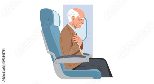 An elderly male passenger with thinning white hair experiences severe chest discomfort while seated in a blue airplane chair during a high altitude flight.