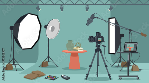 A professional photography studio is arranged with lighting and camera equipment, highlighting creativity and artistry in capturing images with aesthetic precision.
