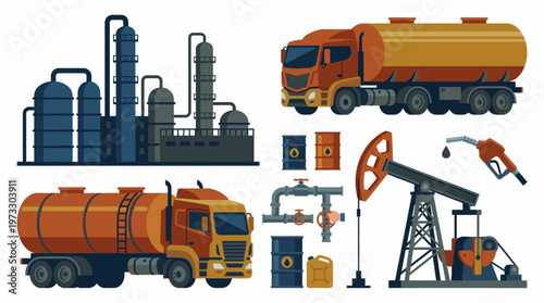 An industrial landscape depicts oil and gas production with tanks, trucks, and drilling rigs, emphasizing the machinery and operations that fuel the economy.