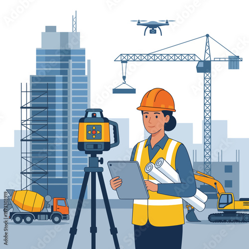 A construction worker uses surveying equipment on a building site, embodying precision and collaboration while overseeing a dynamic urban development project.