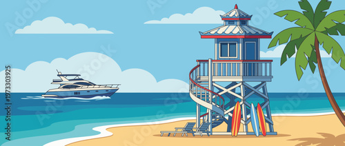 This image captures a relaxing beachfront scene with a lifeguard tower, sun loungers, and a yacht on the horizon, evoking feelings of leisure and summertime enjoyment.