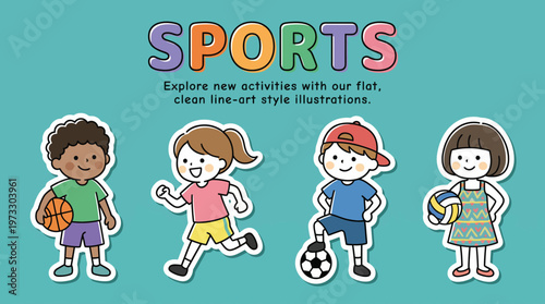 Delightful illustrations of four children happily participating in different sports activities, showcasing teamwork and playfulness in a colorful, engaging style.