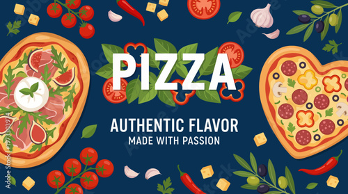 Artistic representation of a mouth-watering pizza depicting vibrant ingredients, emphasizing freshness and authenticity that captures the essence of culinary passion.