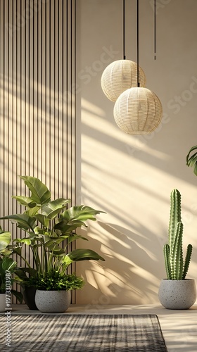 Warm modern interior space featuring lush potted plants, a textured wooden accent wall, and elegant woven pendant lights