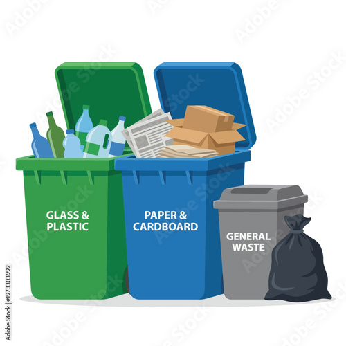 This image displays various recycling bins for glass, plastic, paper, and general waste, emphasizing the importance of proper waste sorting for environmental conservation.