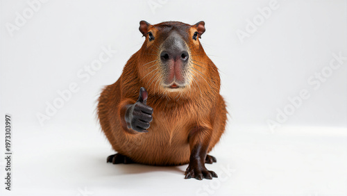 A charming and realistic capybara, the world's largest rodent, is humorously depicted giving a confident thumbs-up gesture, showcasing its friendly demeanor and unique character with wet brown fur