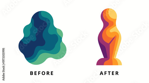 A vibrant before-and-after design illustration showcasing a transition from an abstract shape to a bold figure, ideal for modern branding and design projects.