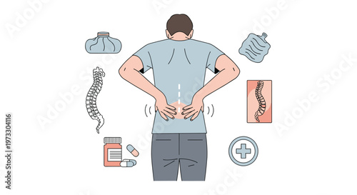 A man viewed from behind wearing a light blue t-shirt clutches his lower back in pain while surrounded by various medical and orthopedic icons.