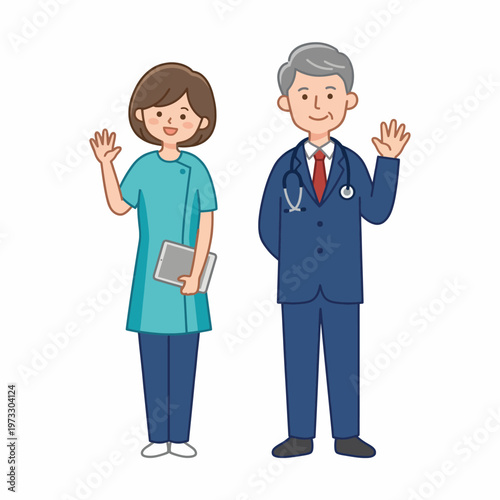 Two healthcare professionals wave cheerfully, depicting a welcoming environment, fostering trust and openness within a medical setting, encouraging patients to seek care.