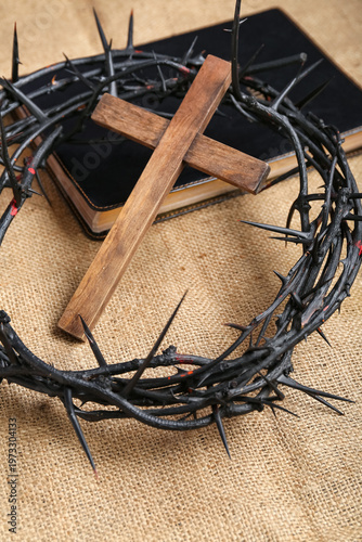 Crown of thorns with wooden...