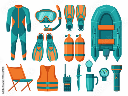 A vibrant array of diving equipment is displayed, perfect for underwater exploration, emphasizing adventure, readiness, and the excitement of water activities.