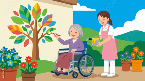 An elderly woman in a wheelchair enjoys painting a colorful tree on a wall while a caregiver assists her, showcasing the beauty of art and intergenerational interaction.