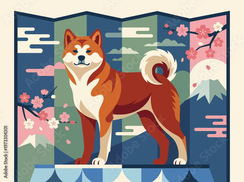 A captivating illustration of a Shiba Inu stands proudly against a backdrop of cherry blossoms and majestic mountains, symbolizing loyalty and cultural appreciation in an artistic style.