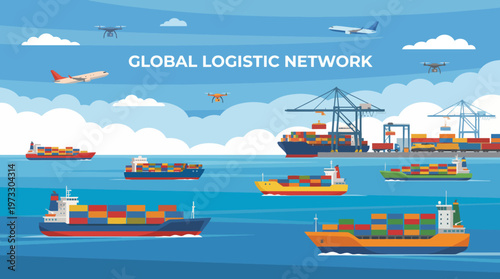 A vibrant illustration showcasing a global logistics network, featuring various modes of transport like ships, planes, and drones navigating across a bright sky and ocean's waves, symbolizing connect