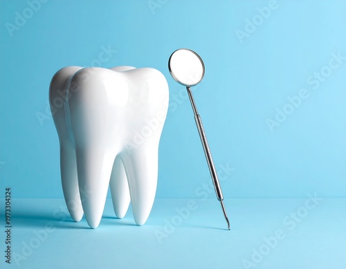 A shiny, oversized, glossy white molar leans next to a dental mirror on a clean blue background. The mirror is slim, silver, and reflects the light