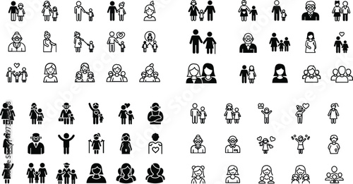 Family and Couple Icon Set Featuring Relationships, Parenthood, and Love Symbols for Family, Relationship, and Social Design Projects
