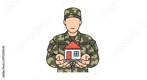 A disciplined soldier wearing a detailed camouflage uniform carefully cradles a vibrant red-roofed house icon within a pristine and minimalist white setting.