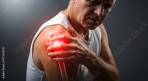 Senior man suffering from chronic shoulder pain. Geriatric health and musculoskeletal issues. Elderly male holding his pained joint with glowing red anatomy