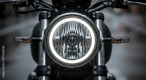 Front view of motorcycle round headlight, symmetrical design, chrome finish, classic style, automotive lighting concept, bike detail close-up