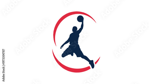 Minimalist sports logo featuring a dynamic basketball player silhouette jumping to dunk a ball, framed by a bold red circular graphic
