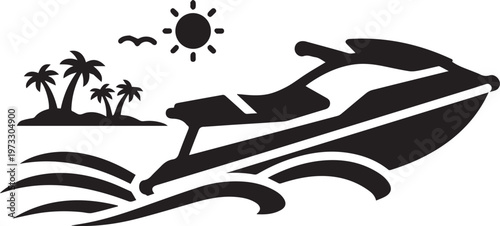 Jet Ski on Tropical Beach Icon, Summer Vacation Watercraft Silhouette