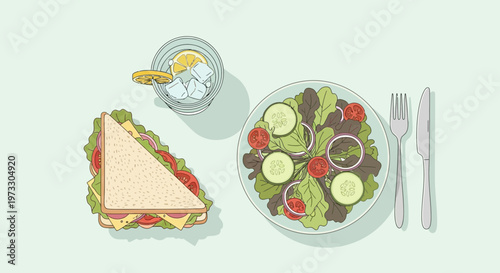 Delicious sandwich and fresh salad with drink on a table setting