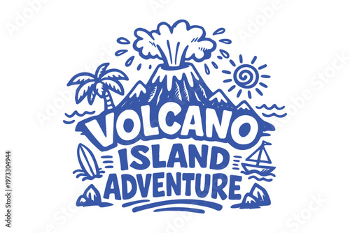 Volcano Island Adventure Tropical Hand-Drawn Blue Illustration