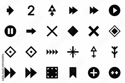 Sleek vector icon collection for modern digital interfaces, featuring minimalist arrows, essential multimedia playback controls, and versatile abstract symbols for UI design