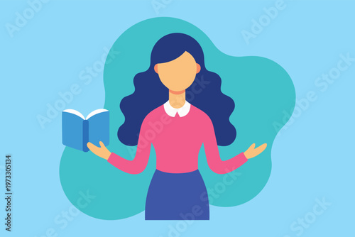 Illustration of a woman holding an open book, symbolizing education and knowledge, presented on a blue background